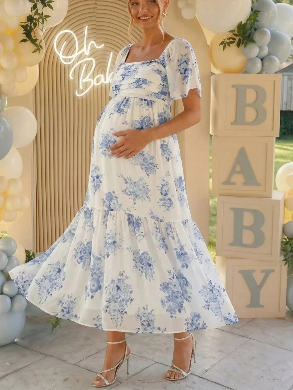 Blue And White Women's Maternity Square Neck Short Sleeve Floral Print Dress